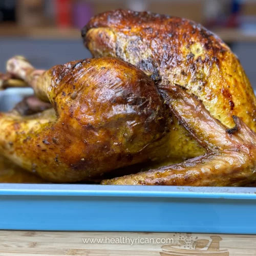 Pavochón with crisp golden skin, seasoned and roasted in the Puerto Rican style for a flavorful holiday turkey.